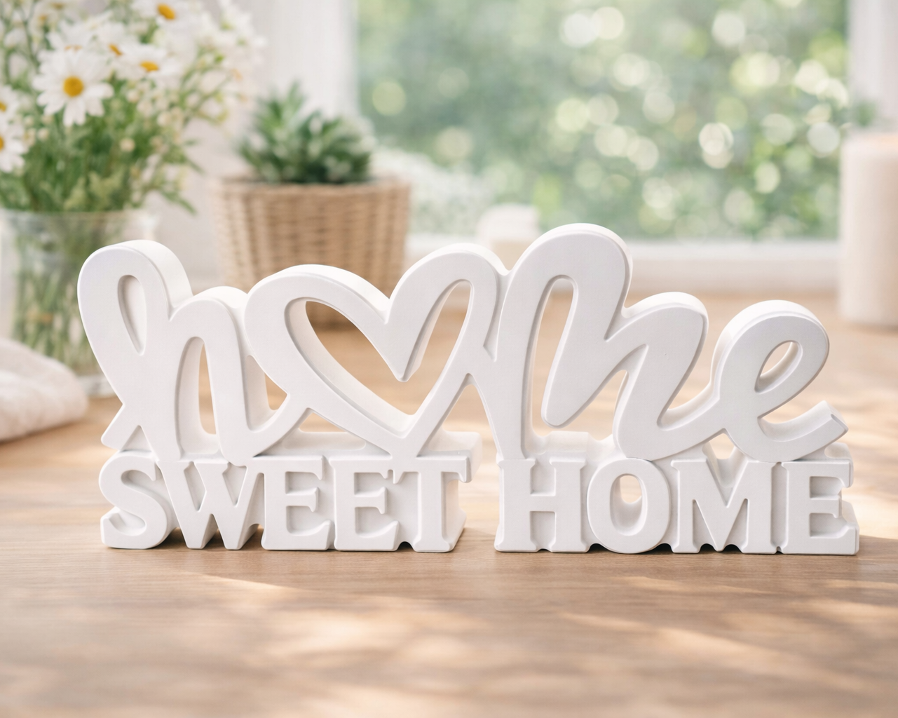 Großer Keramik-Schriftzug „Home Sweet Home“ mit Herzmotiv. Handgefertigte und versiegelte Wohndekoration in Weiß oder Wunschfarbe mit einer Größe von ca. 20 cm Breite und 8 cm Höhe.