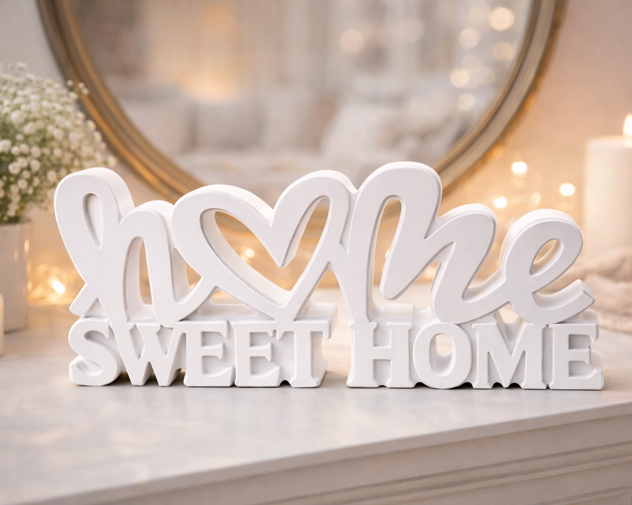 Großer Keramik-Schriftzug „Home Sweet Home“ mit Herzmotiv. Handgefertigte und versiegelte Wohndekoration in Weiß oder Wunschfarbe mit einer Größe von ca. 20 cm Breite und 8 cm Höhe.