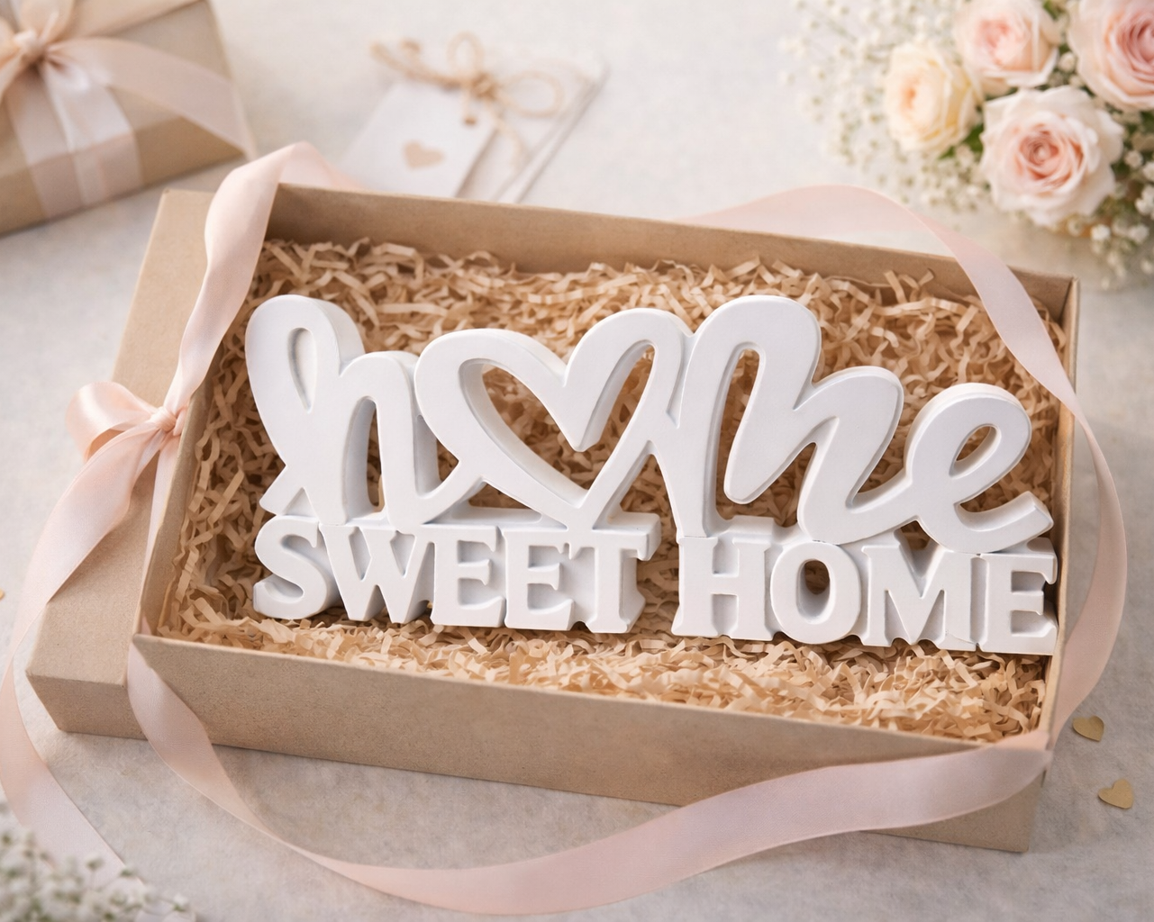 Großer Keramik-Schriftzug „Home Sweet Home“ mit Herzmotiv. Handgefertigte und versiegelte Wohndekoration in Weiß oder Wunschfarbe mit einer Größe von ca. 20 cm Breite und 8 cm Höhe.