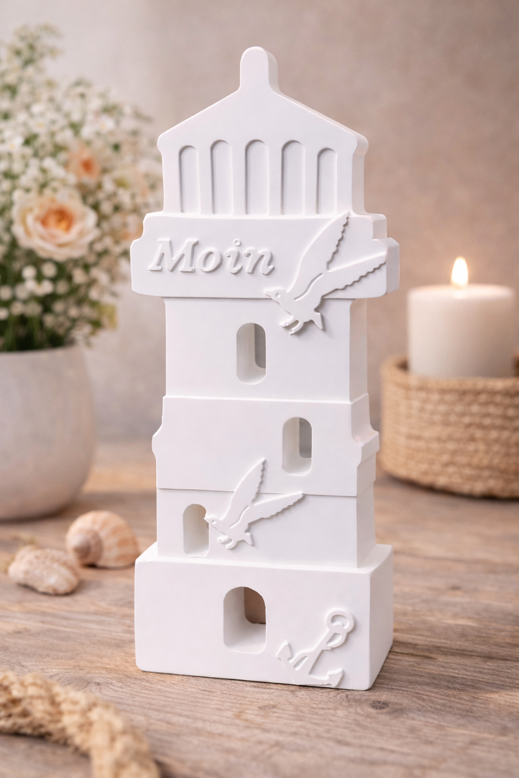 Leuchtturm Keramik Deko Moin Möwe handgefertigt maritime Dekoration weiß Farbwunsch Küstenstil Geschenkidee
