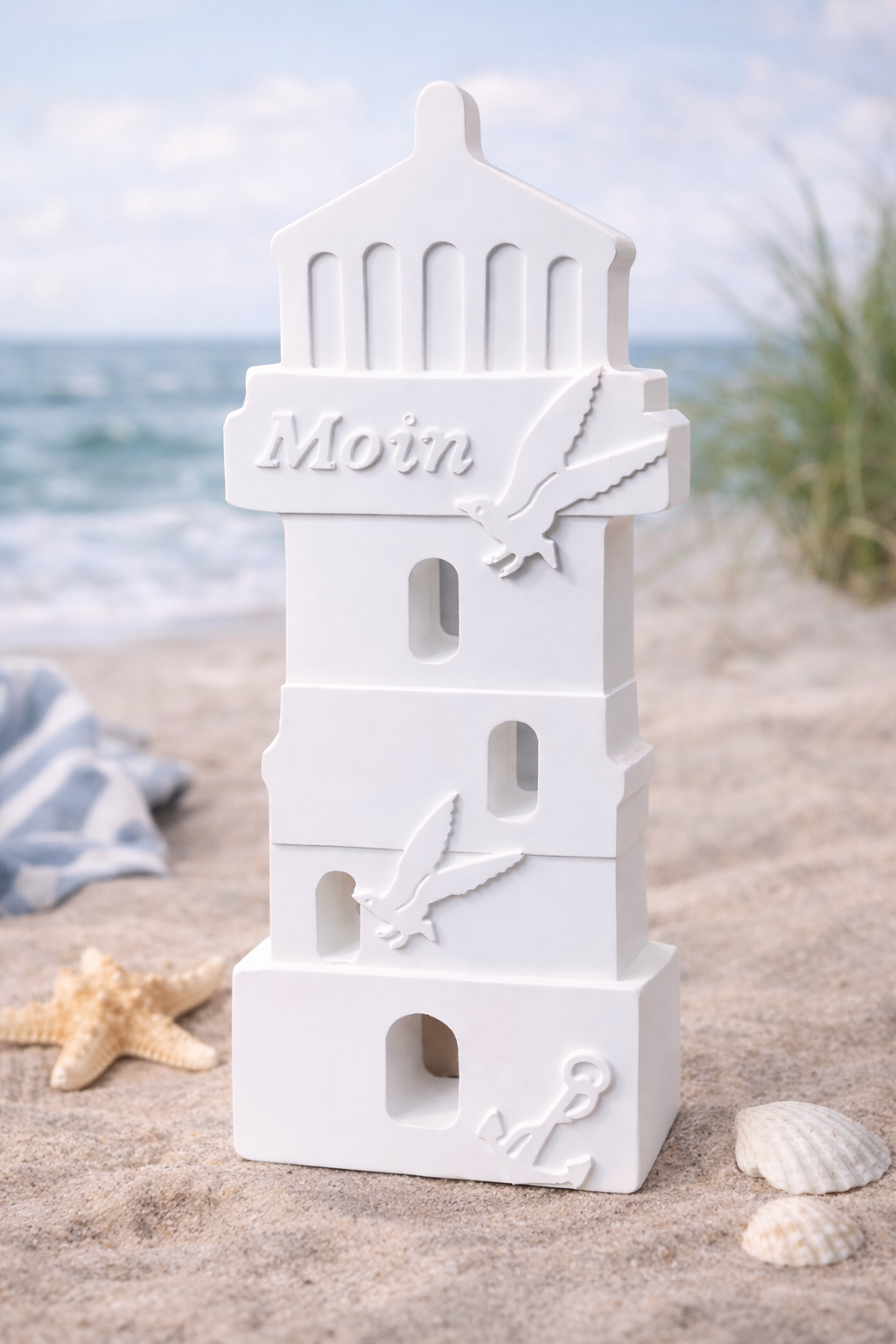 Leuchtturm Keramik Deko Moin Möwe handgefertigt maritime Dekoration weiß Farbwunsch Küstenstil Geschenkidee