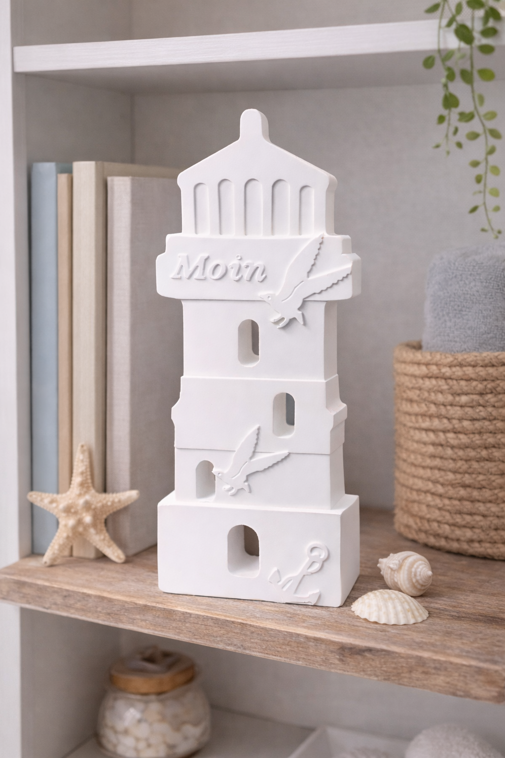 Leuchtturm Keramik Deko Moin Möwe handgefertigt maritime Dekoration weiß Farbwunsch Küstenstil Geschenkidee