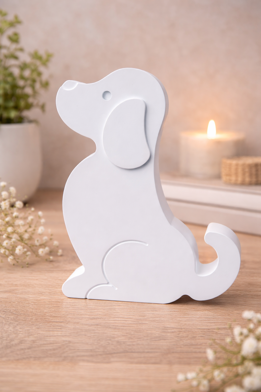 Sitzender Hund in Weiß & Farbwunsch – Liebevolle Hunde Deko