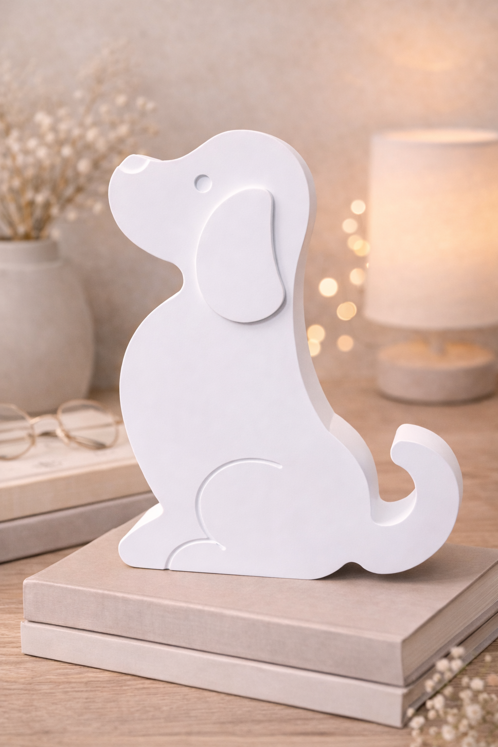 Sitzender Hund in Weiß & Farbwunsch – Liebevolle Hunde Deko