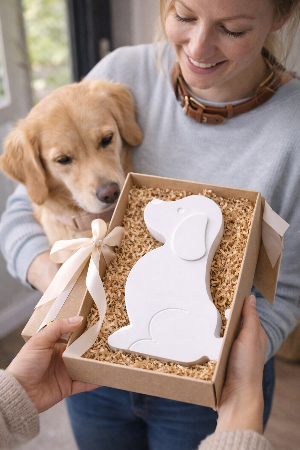 Sitzender Hund in Weiß & Farbwunsch – Liebevolle Hunde Deko