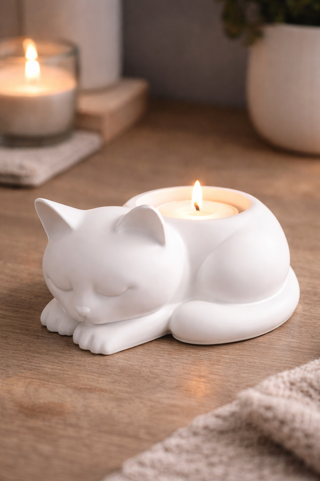 Katze Teelichthalter Keramik Deko liegend handgefertigt LED Teelicht weiß Farbwunsch Katzen Deko Geschenkidee