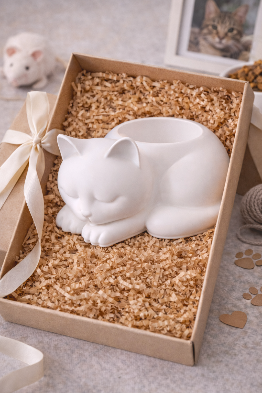Katze Teelichthalter Keramik Deko liegend handgefertigt LED Teelicht weiß Farbwunsch Katzen Deko Geschenkidee