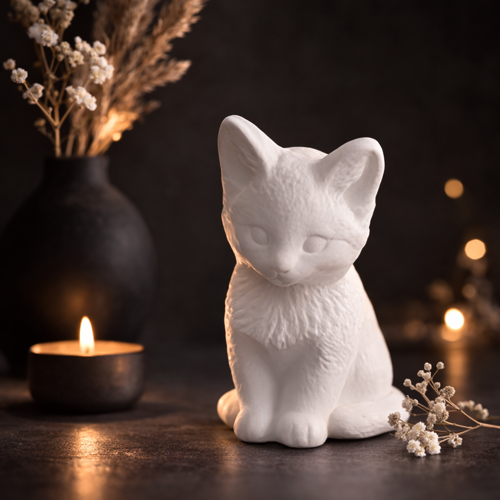 Katze Keramik Deko realistisch sitzend handgefertigt weiß Farbwunsch Katzenfigur Geschenkidee Tierdeko