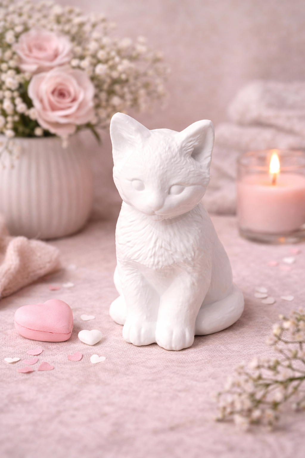Katze Keramik Deko realistisch sitzend handgefertigt weiß Farbwunsch Katzenfigur Geschenkidee Tierdeko