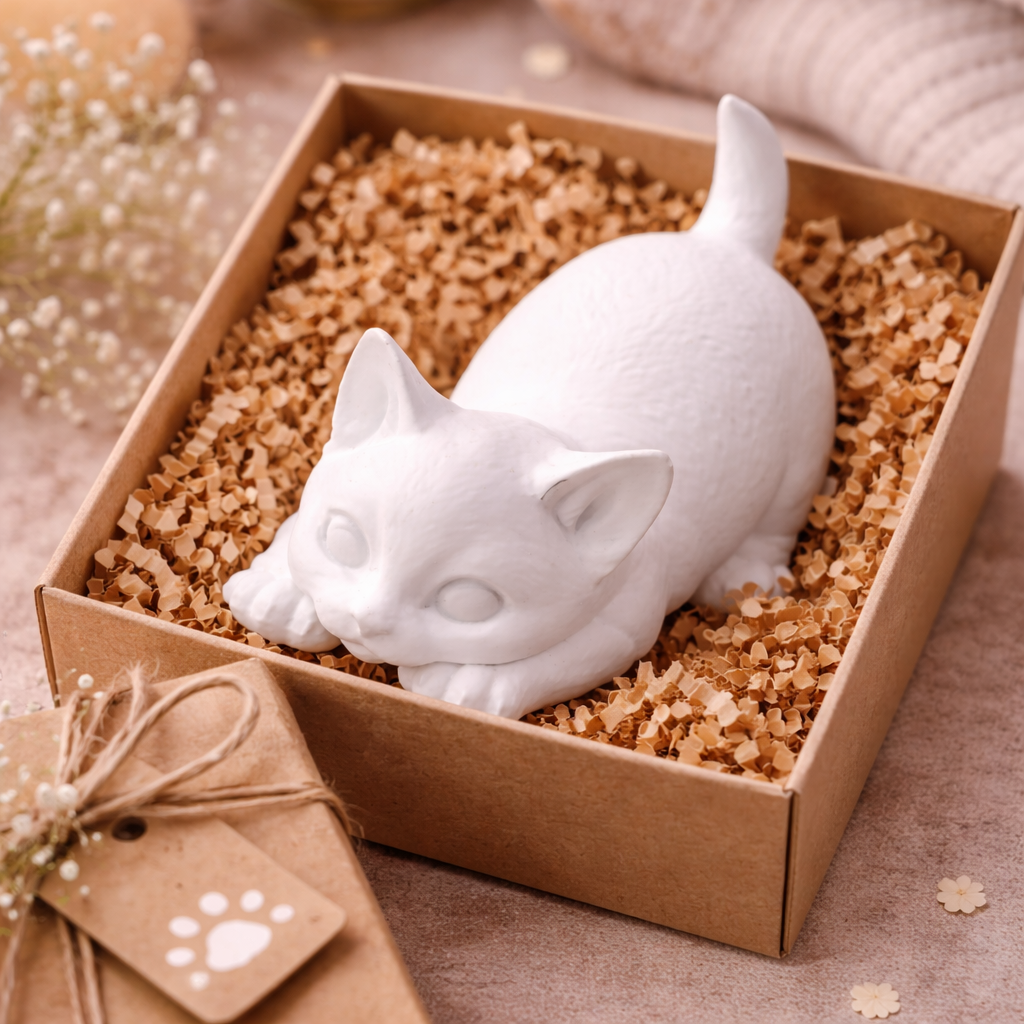 Katze Keramik Deko spielend handgefertigt weiß Farbwunsch Katzen Deko Geschenkidee Tierdeko Wohnaccessoire