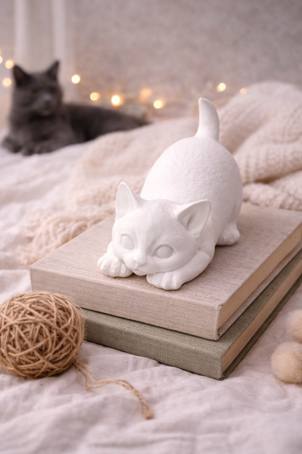 Katze Keramik Deko spielend handgefertigt weiß Farbwunsch Katzen Deko Geschenkidee Tierdeko Wohnaccessoire