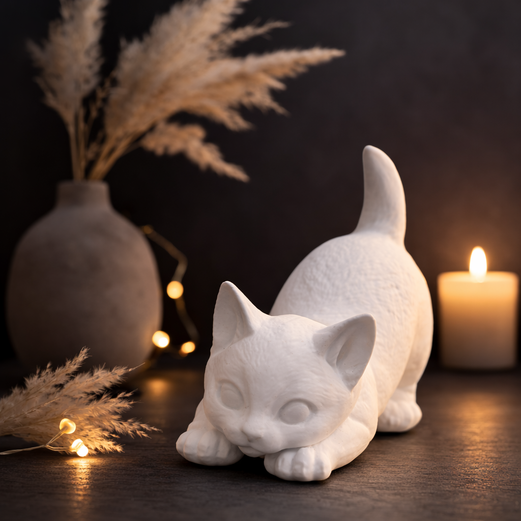 Katze Keramik Deko spielend handgefertigt weiß Farbwunsch Katzen Deko Geschenkidee Tierdeko Wohnaccessoire