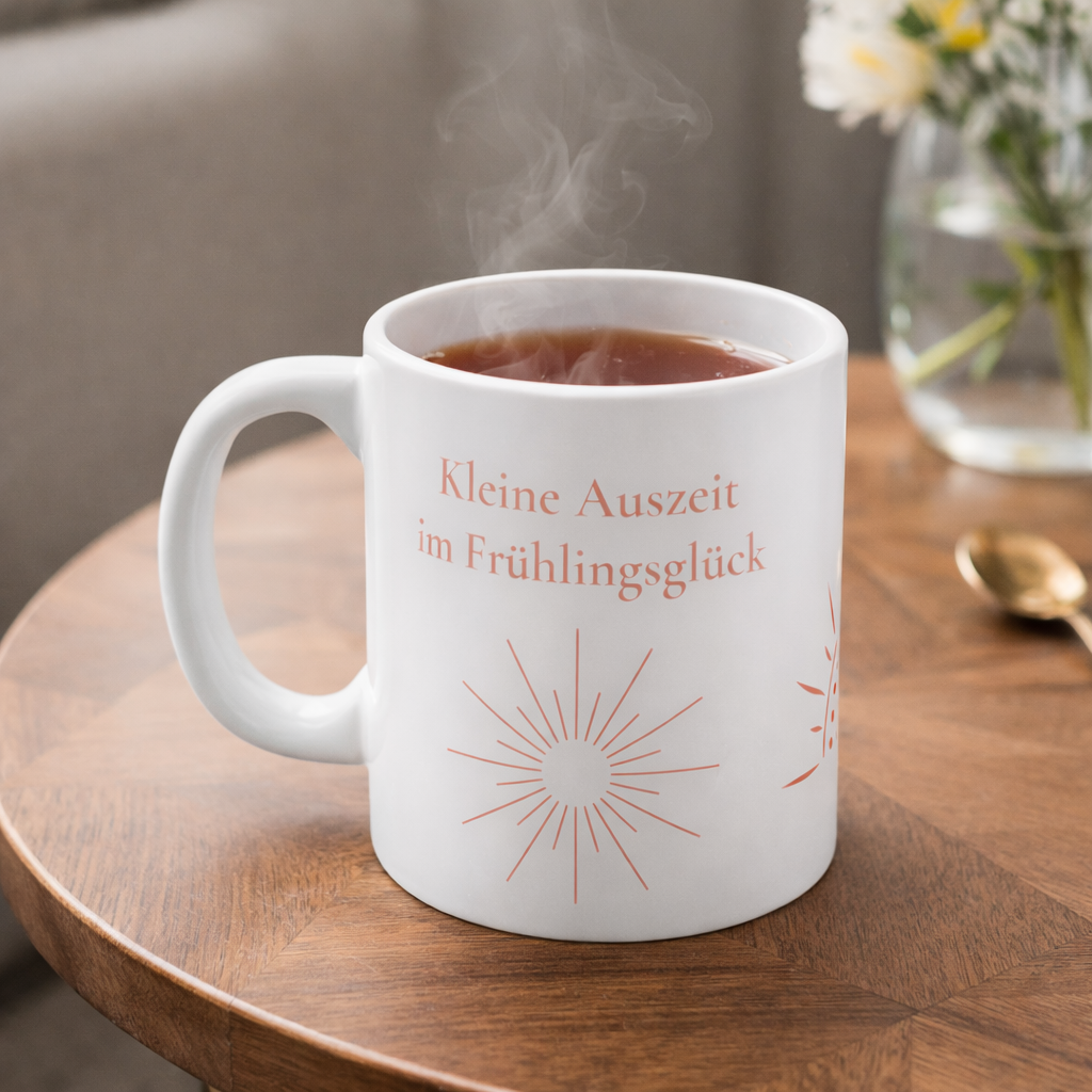 Kleine Auszeit im Frühlingsglück Tasse – Frühlings Tasse 330 ml – Geschenkidee Frühling – Wohlfühl Tasse Kaffee Tee