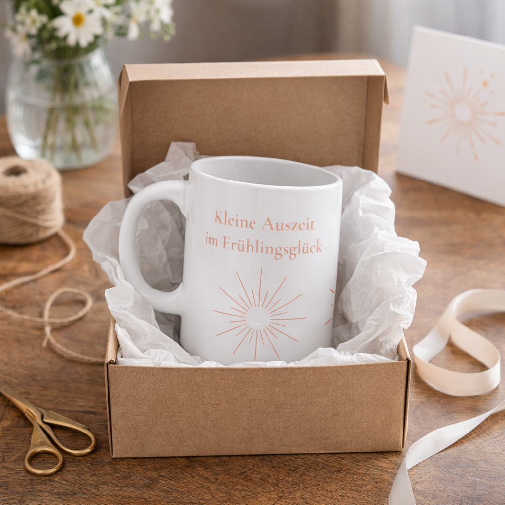 Kleine Auszeit im Frühlingsglück Tasse – Frühlings Tasse 330 ml – Geschenkidee Frühling – Wohlfühl Tasse Kaffee Tee