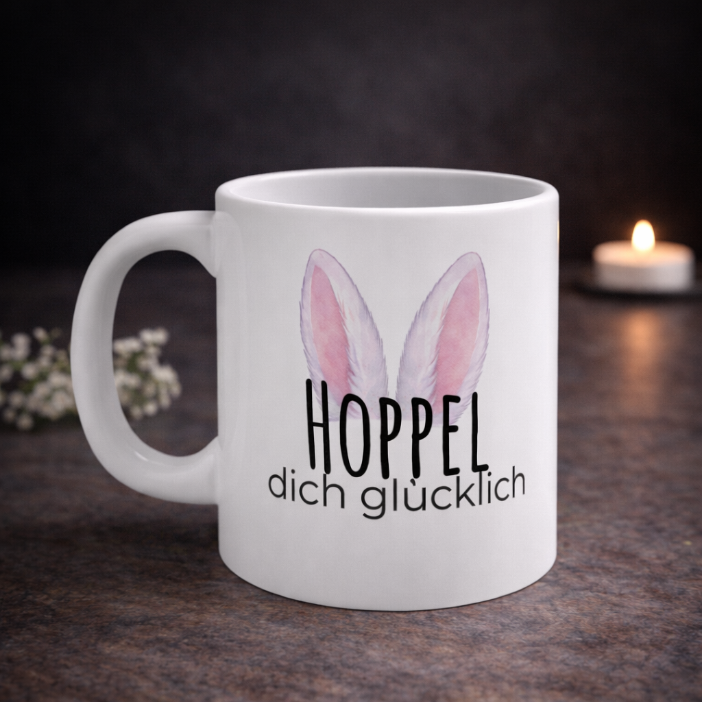 Weiße Keramiktasse mit dem Spruch „Hoppel dich glücklich“, rosa Hasenohren sowie dem Schriftzug „Frohe Ostern“ und einem niedlichen Osterhasen-Design – 300-ml-Tasse.