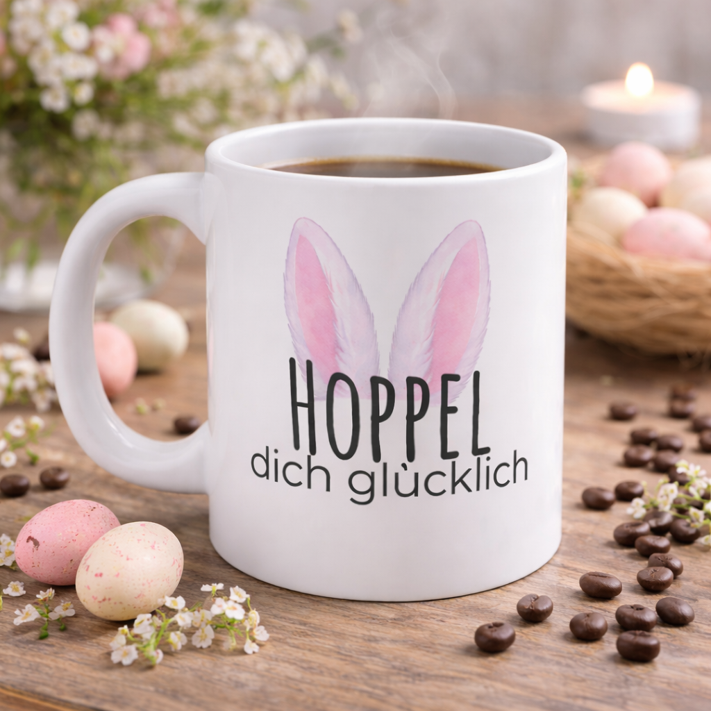 Weiße Keramiktasse mit dem Spruch „Hoppel dich glücklich“, rosa Hasenohren sowie dem Schriftzug „Frohe Ostern“ und einem niedlichen Osterhasen-Design – 300-ml-Tasse.