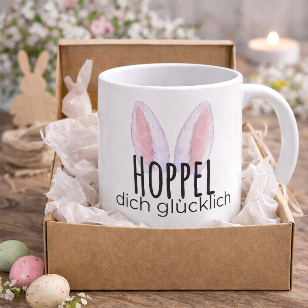 Weiße Keramiktasse mit dem Spruch „Hoppel dich glücklich“, rosa Hasenohren sowie dem Schriftzug „Frohe Ostern“ und einem niedlichen Osterhasen-Design – 300-ml-Tasse.