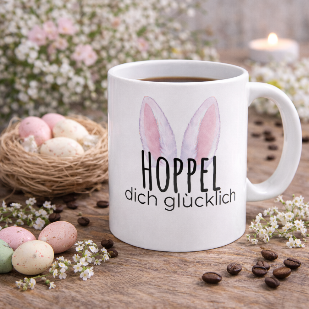 Weiße Keramiktasse mit dem Spruch „Hoppel dich glücklich“, rosa Hasenohren sowie dem Schriftzug „Frohe Ostern“ und einem niedlichen Osterhasen-Design – 300-ml-Tasse.