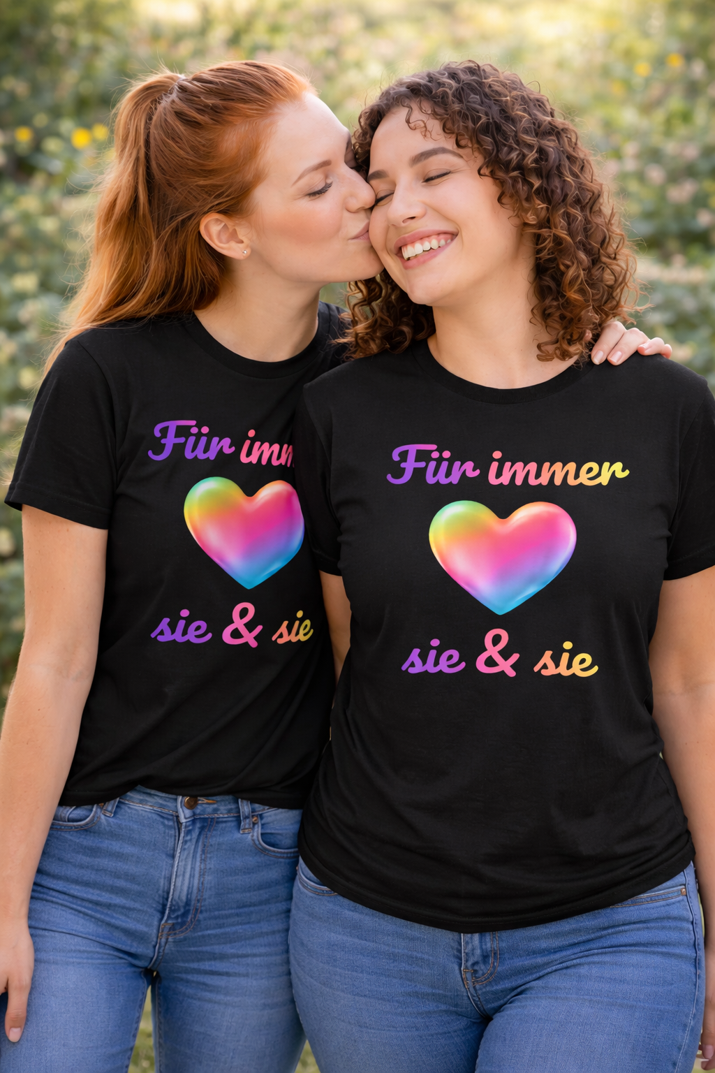 Unisex T-Shirt mit Regenbogenherz und dem Schriftzug „Für immer sie & sie“ – LGBTQ+ Design für lesbische Hochzeit, Verlobung und Pride.