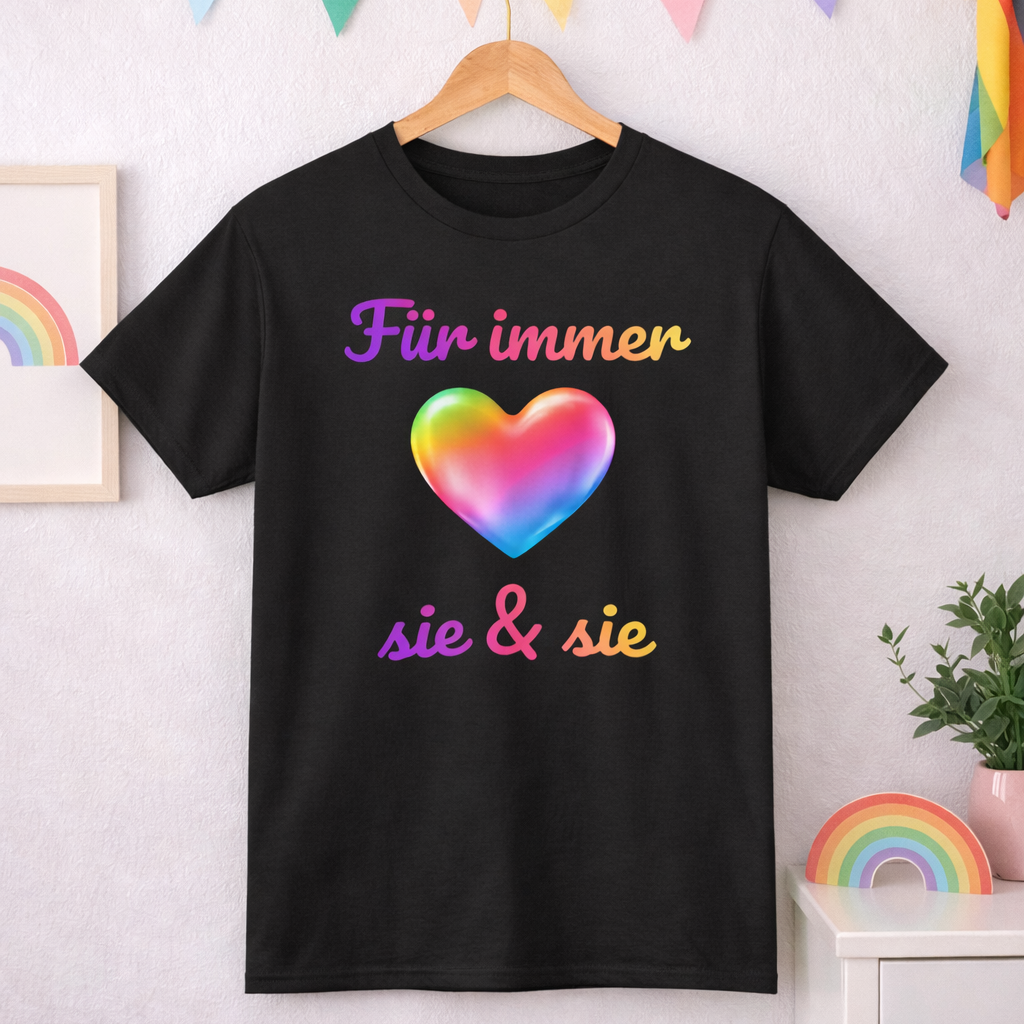 Unisex T-Shirt mit Regenbogenherz und dem Schriftzug „Für immer sie & sie“ – LGBTQ+ Design für lesbische Hochzeit, Verlobung und Pride.
