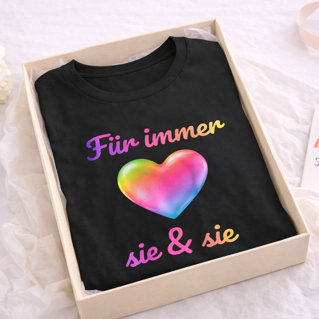 Unisex T-Shirt mit Regenbogenherz und dem Schriftzug „Für immer sie & sie“ – LGBTQ+ Design für lesbische Hochzeit, Verlobung und Pride.