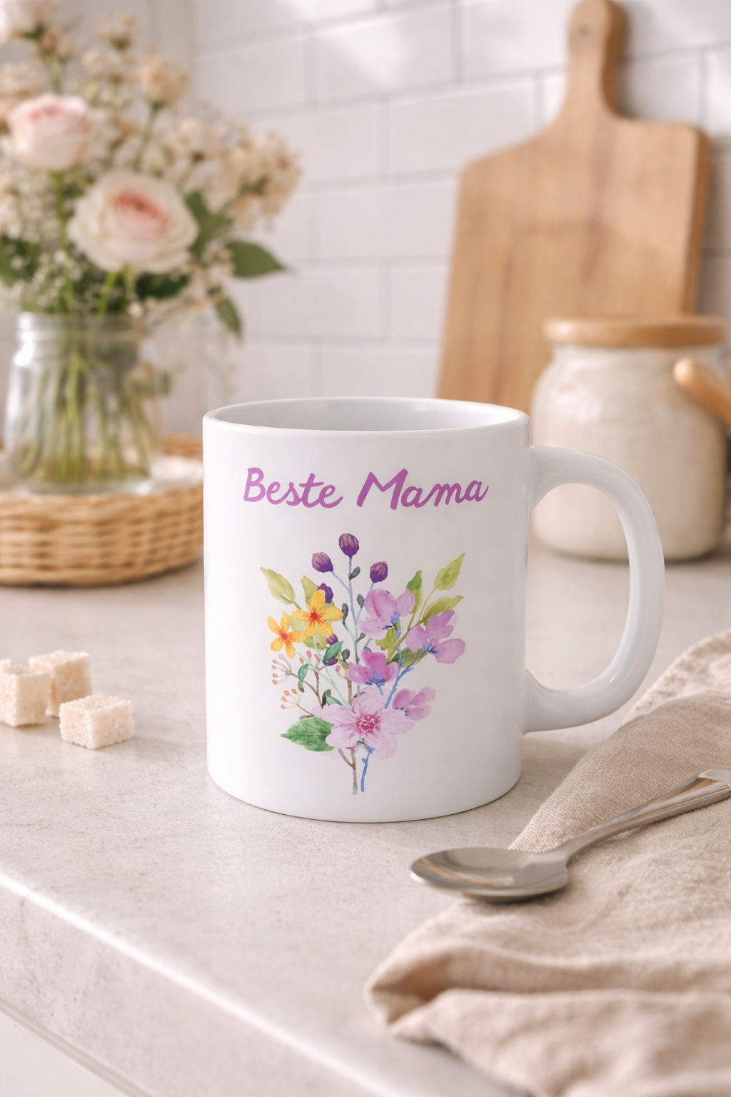 Mama Tasse „Beste Mama“ – Florale Keramiktasse mit Blumenmotiv – Geschenkidee für Muttertag – 330 ml