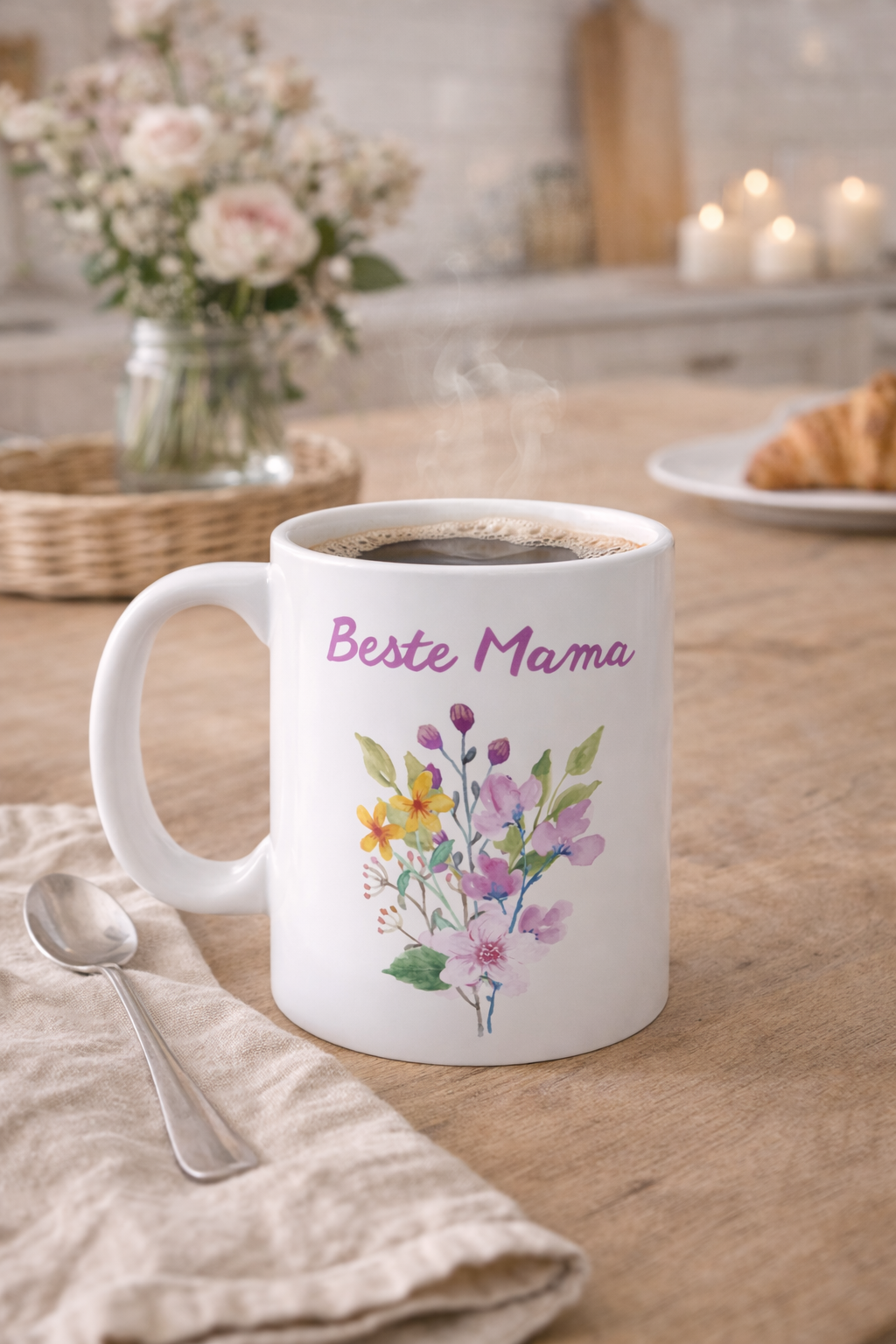 Mama Tasse „Beste Mama“ – Florale Keramiktasse mit Blumenmotiv – Geschenkidee für Muttertag – 330 ml