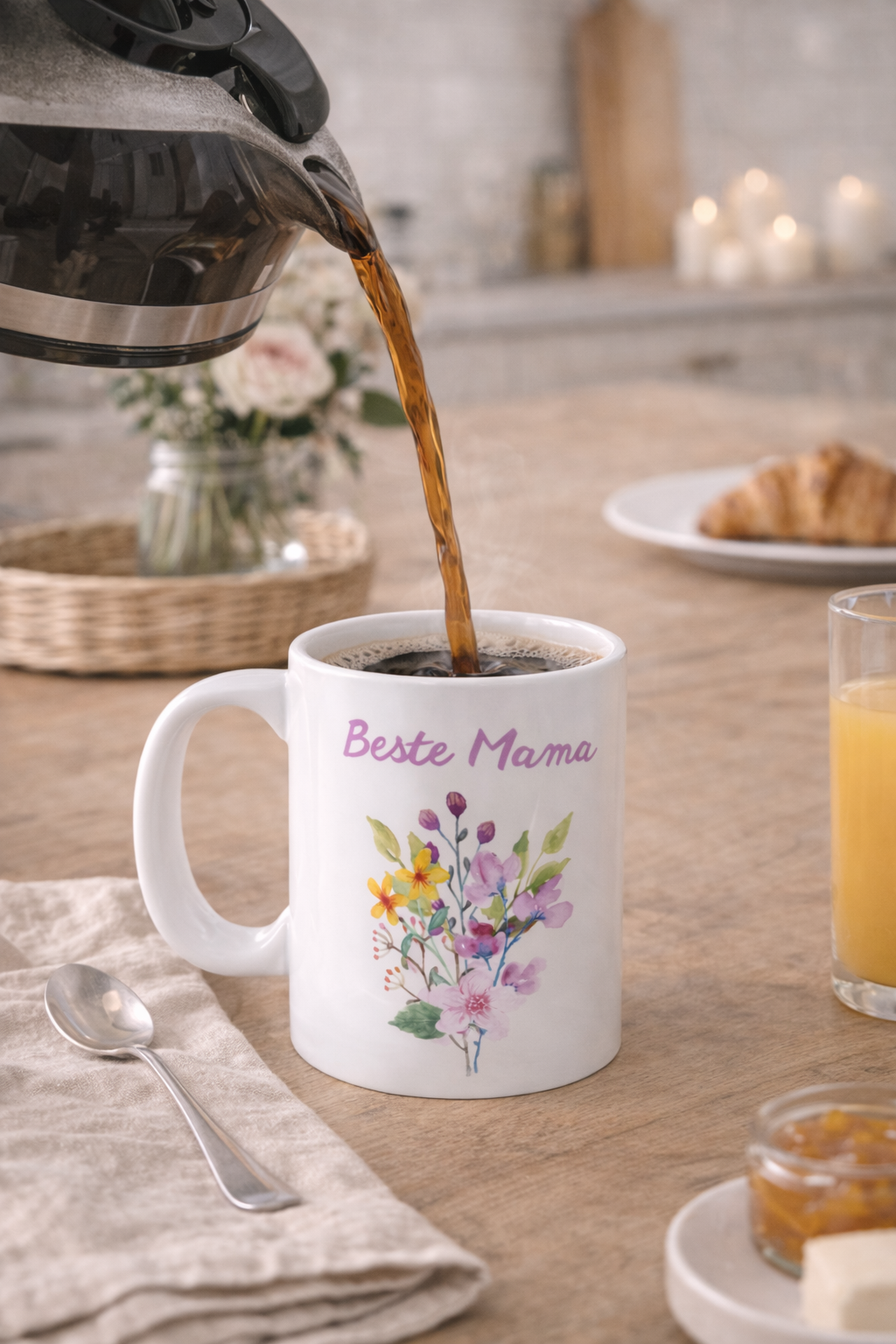 Mama Tasse „Beste Mama“ – Florale Keramiktasse mit Blumenmotiv – Geschenkidee für Muttertag – 330 ml