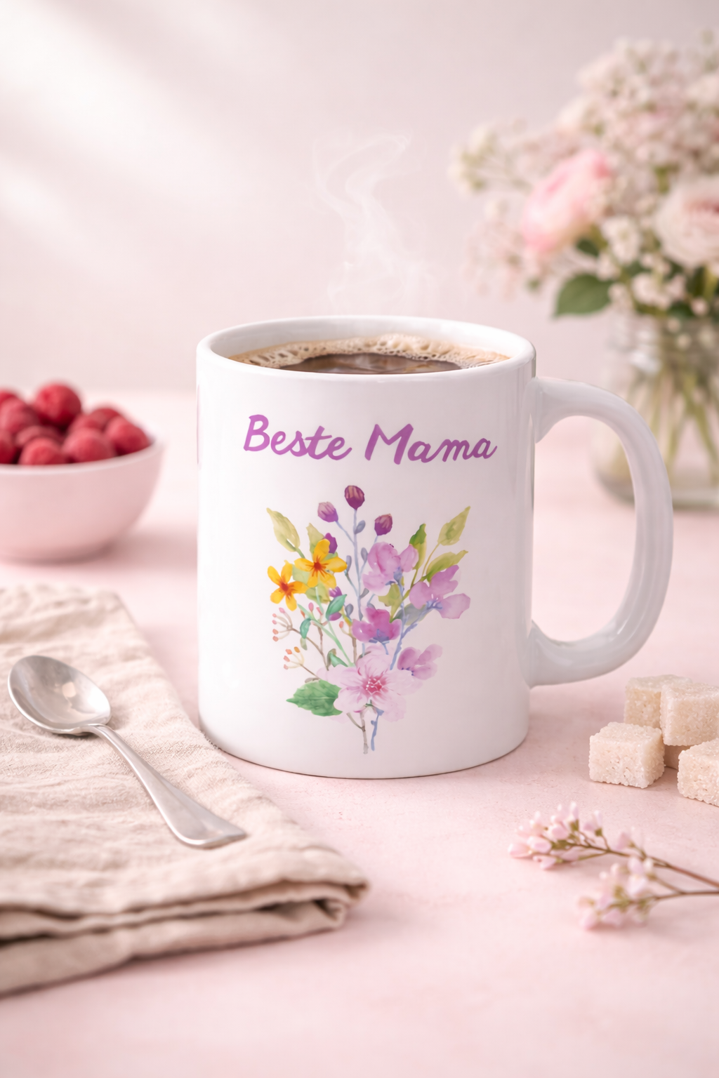 Mama Tasse „Beste Mama“ – Florale Keramiktasse mit Blumenmotiv – Geschenkidee für Muttertag – 330 ml