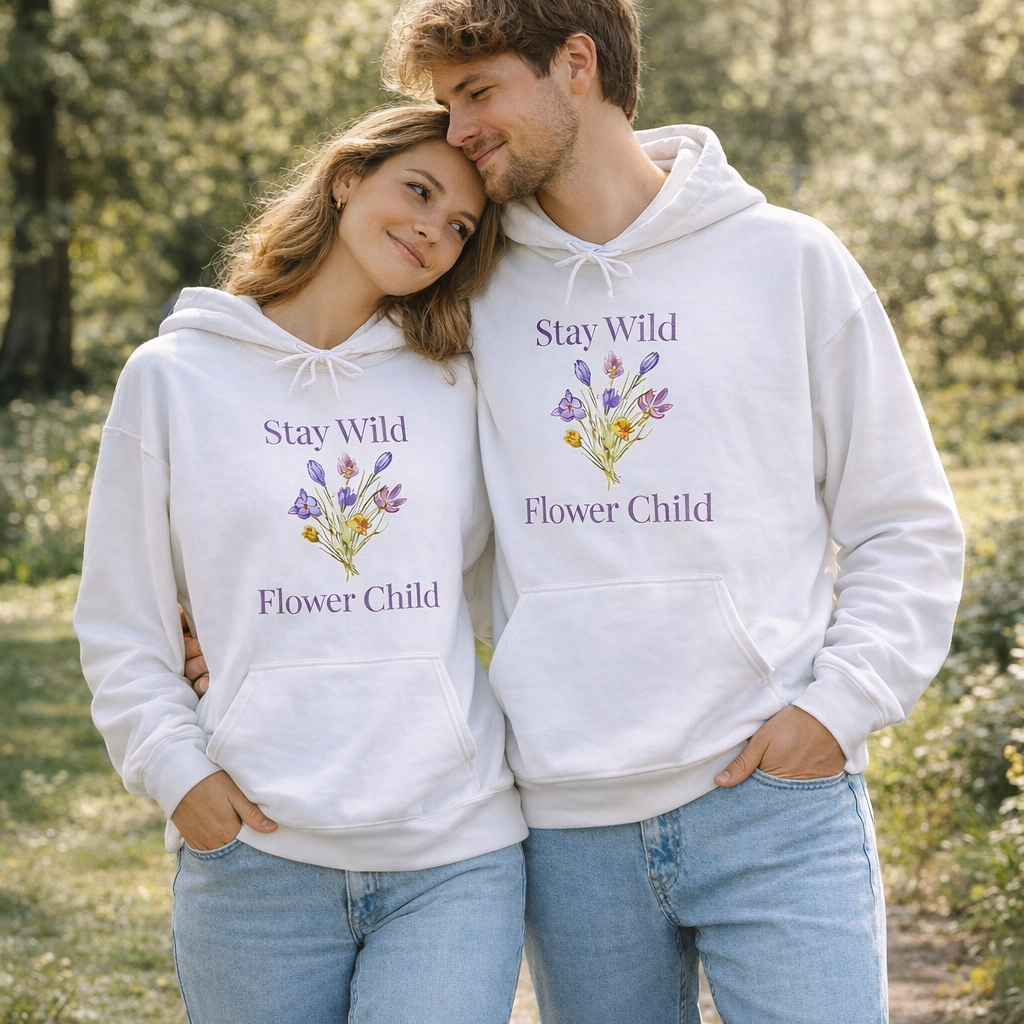Weißer Unisex-Hoodie mit Wildblumen-Motiv und dem Schriftzug „Stay Wild Flower Child“ in sanften Lilatönen auf der Vorderseite.