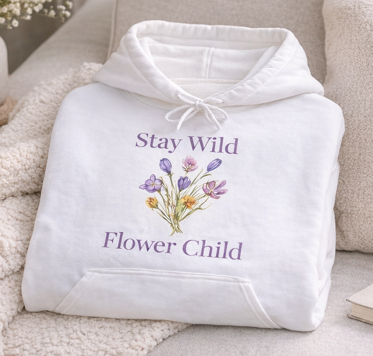 Weißer Unisex-Hoodie mit Wildblumen-Motiv und dem Schriftzug „Stay Wild Flower Child“ in sanften Lilatönen auf der Vorderseite.
