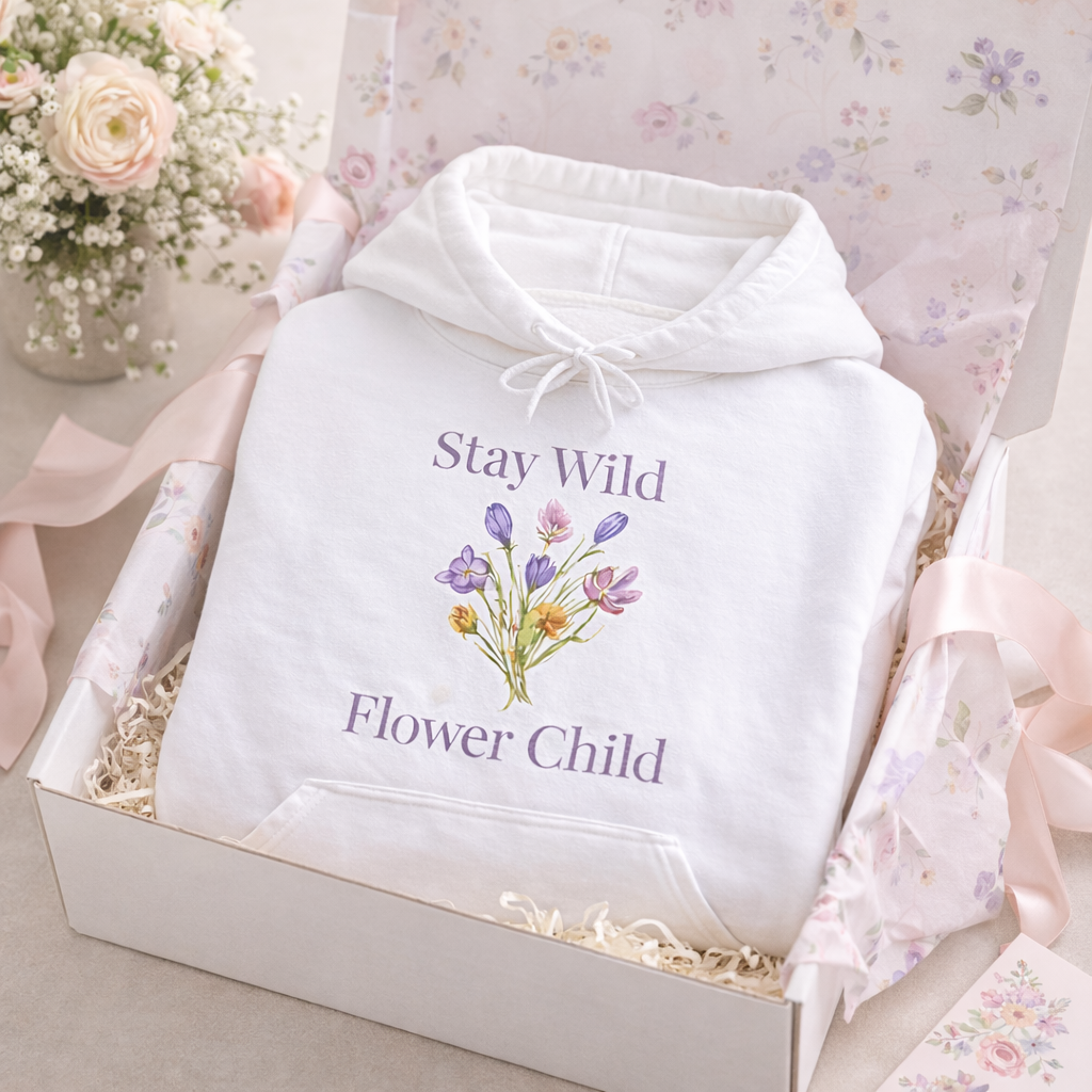 Weißer Unisex-Hoodie mit Wildblumen-Motiv und dem Schriftzug „Stay Wild Flower Child“ in sanften Lilatönen auf der Vorderseite.