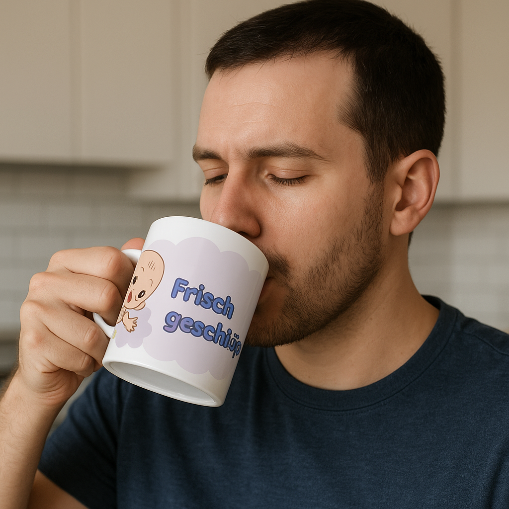 Baby Tasse – Frisch geschlüpft | Geschenk zur Geburt | Lustige Babytasse 330 ml