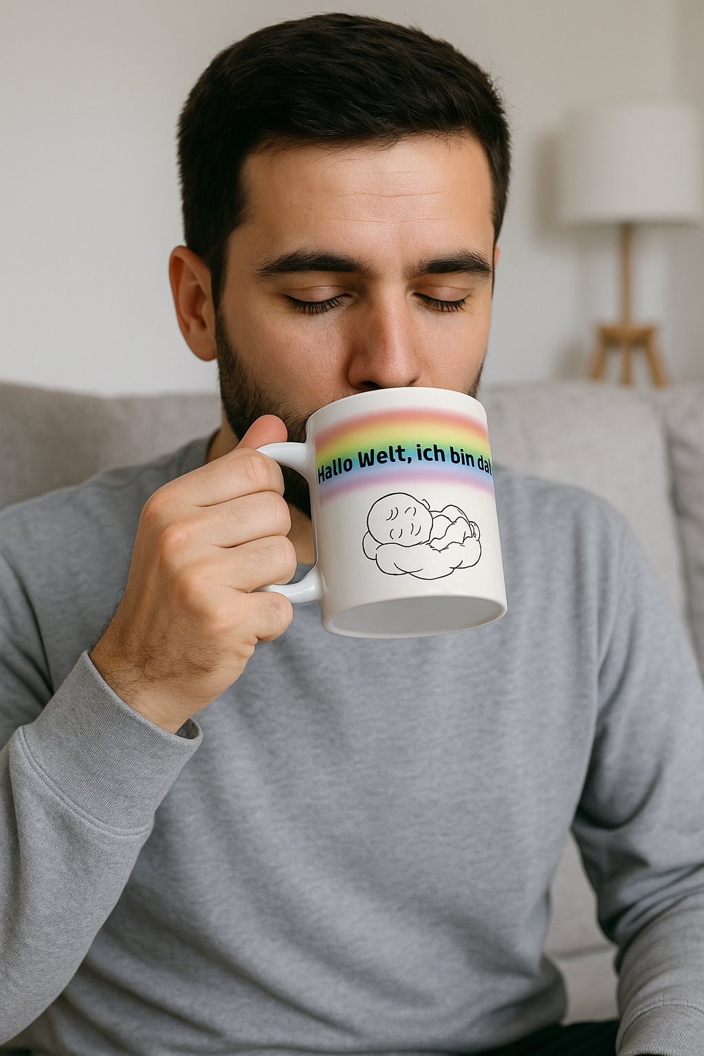 Baby Tasse – Hallo Welt ich bin da | Geschenk zur Geburt | Regenbogen Baby Tasse 330 ml