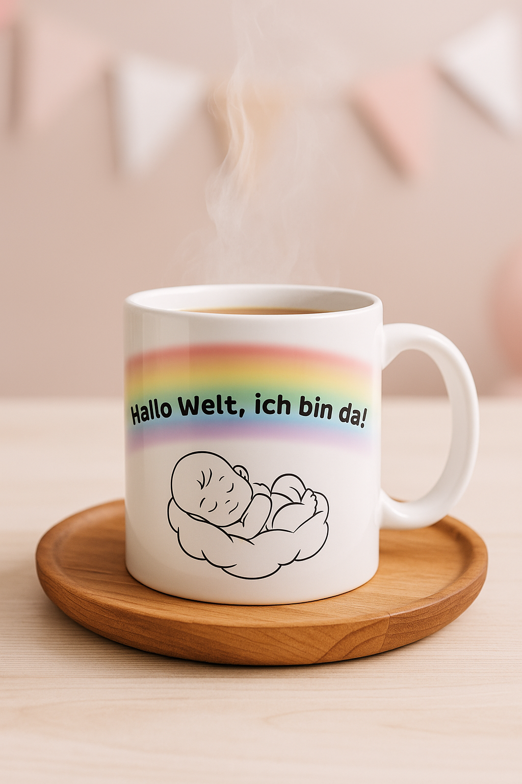 Baby Tasse – Hallo Welt ich bin da | Geschenk zur Geburt | Regenbogen Baby Tasse 330 ml