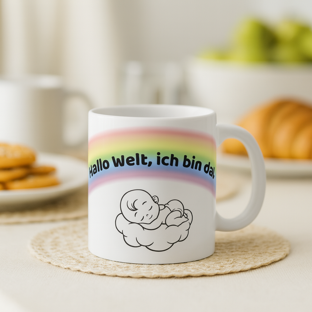 Baby Tasse – Hallo Welt ich bin da | Geschenk zur Geburt | Regenbogen Baby Tasse 330 ml