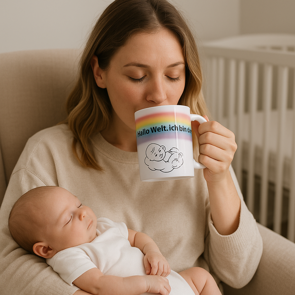Baby Tasse – Hallo Welt ich bin da | Geschenk zur Geburt | Regenbogen Baby Tasse 330 ml