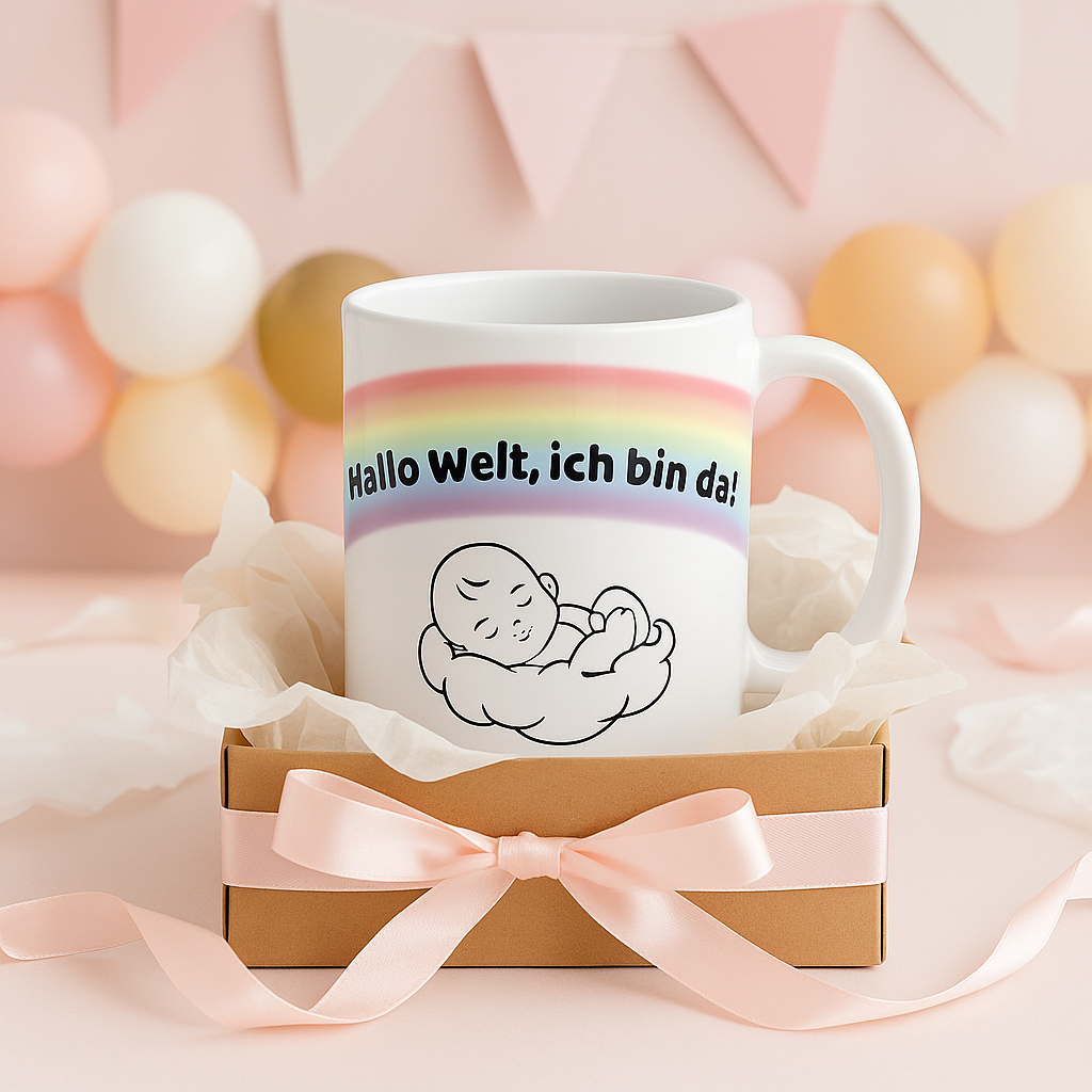 Baby Tasse – Hallo Welt ich bin da | Geschenk zur Geburt | Regenbogen Baby Tasse 330 ml