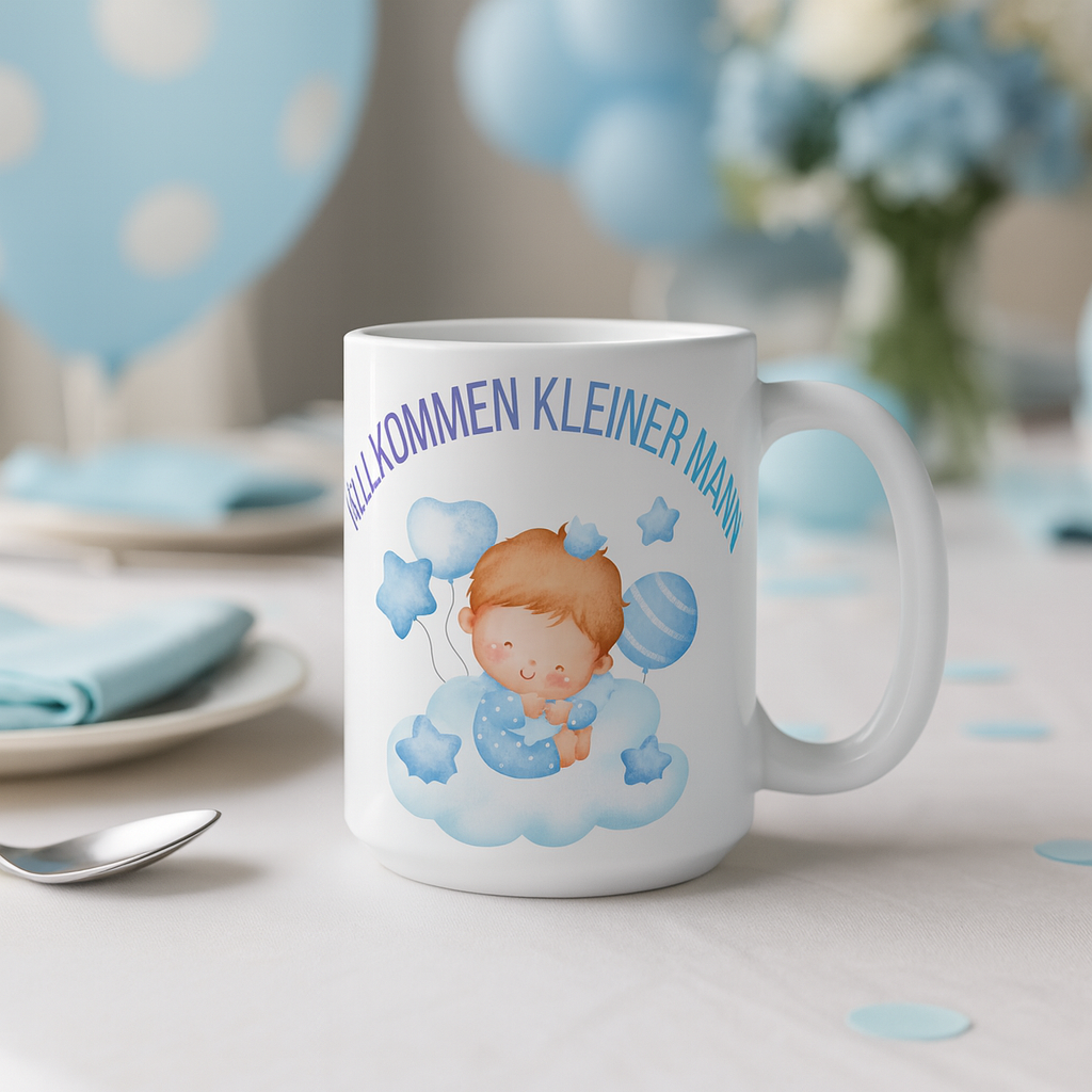 Baby Tasse Junge – Willkommen kleiner Mann | Geschenk zur Geburt | Babyparty Tasse 330 ml