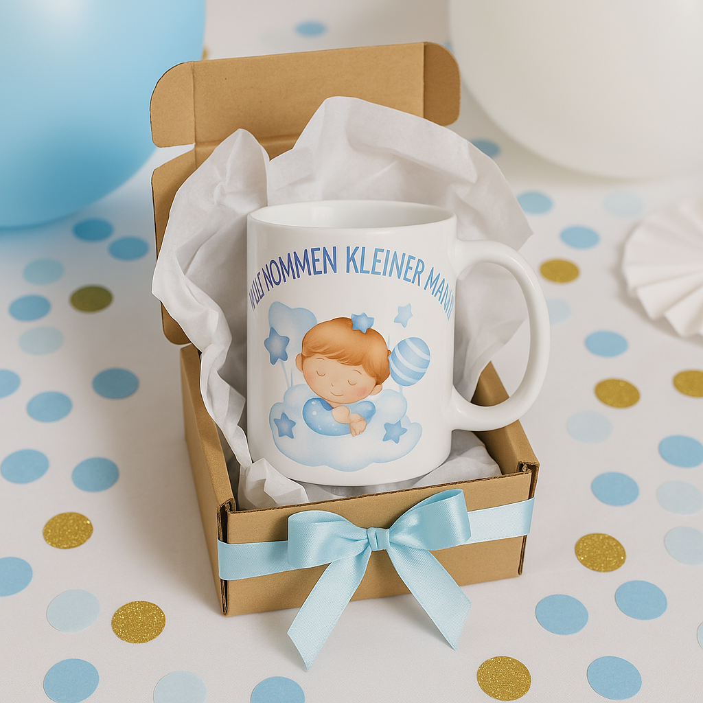 Baby Tasse Junge – Willkommen kleiner Mann | Geschenk zur Geburt | Babyparty Tasse 330 ml