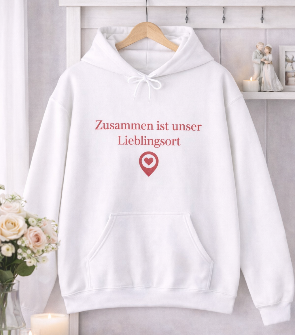 Weißer Unisex Hoodie mit dem romantischen Schriftzug „Zusammen ist unser Lieblingsort“ und einem Herzsymbol – Geschenk für Paare und Verliebte.