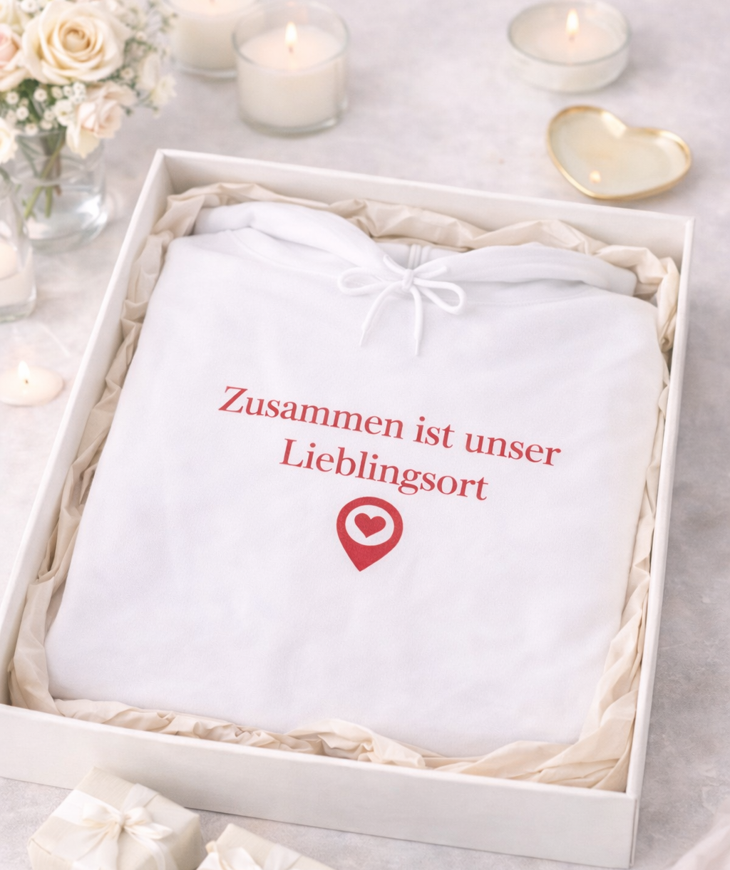 Weißer Unisex Hoodie mit dem romantischen Schriftzug „Zusammen ist unser Lieblingsort“ und einem Herzsymbol – Geschenk für Paare und Verliebte.