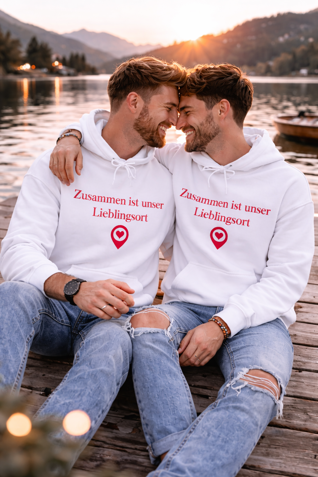 Weißer Unisex Hoodie mit dem romantischen Schriftzug „Zusammen ist unser Lieblingsort“ und einem Herzsymbol – Geschenk für Paare und Verliebte.