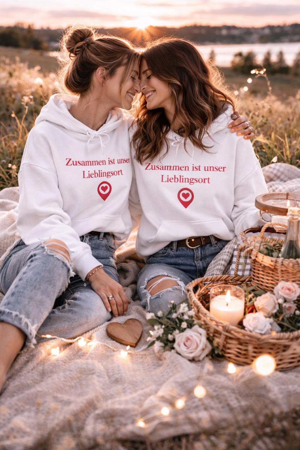 Weißer Unisex Hoodie mit dem romantischen Schriftzug „Zusammen ist unser Lieblingsort“ und einem Herzsymbol – Geschenk für Paare und Verliebte.