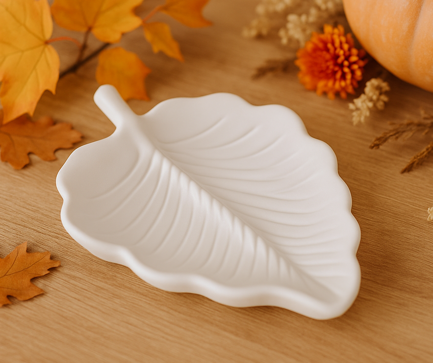 Handgefertigte große Keramikschale in Form eines Herbstblattes in Weiß als dekorative Schmuck- und Ablageschale für moderne Herbstdekoration.