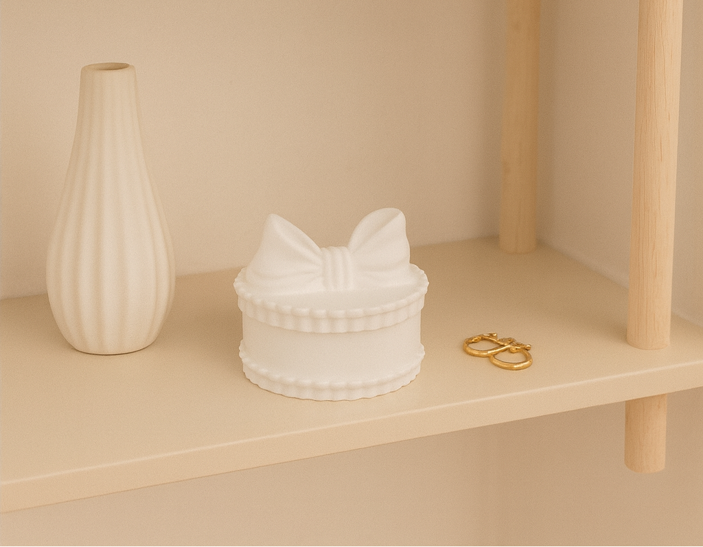 Handgefertigte weiße Keramikdose mit dekorativem Schleifen-Deckel zur Aufbewahrung von Schmuck und kleinen Accessoires im modernen Scandi-Stil.