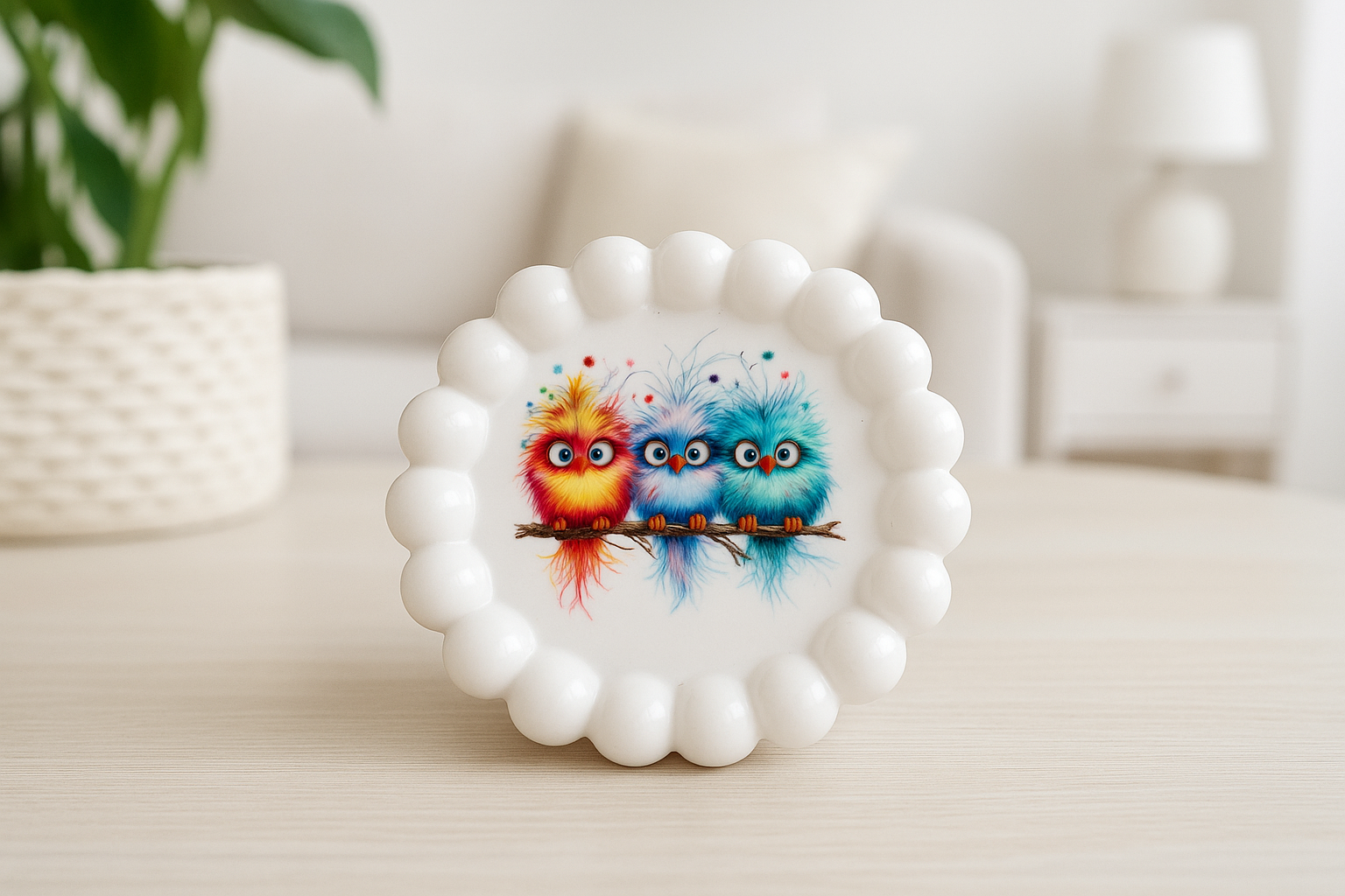 Bubbel Tablett rund mit bunten Vögeln – Keramik Deko Schale – Einzelstück – Handgemachte Wohnaccessoires – Geschenkidee