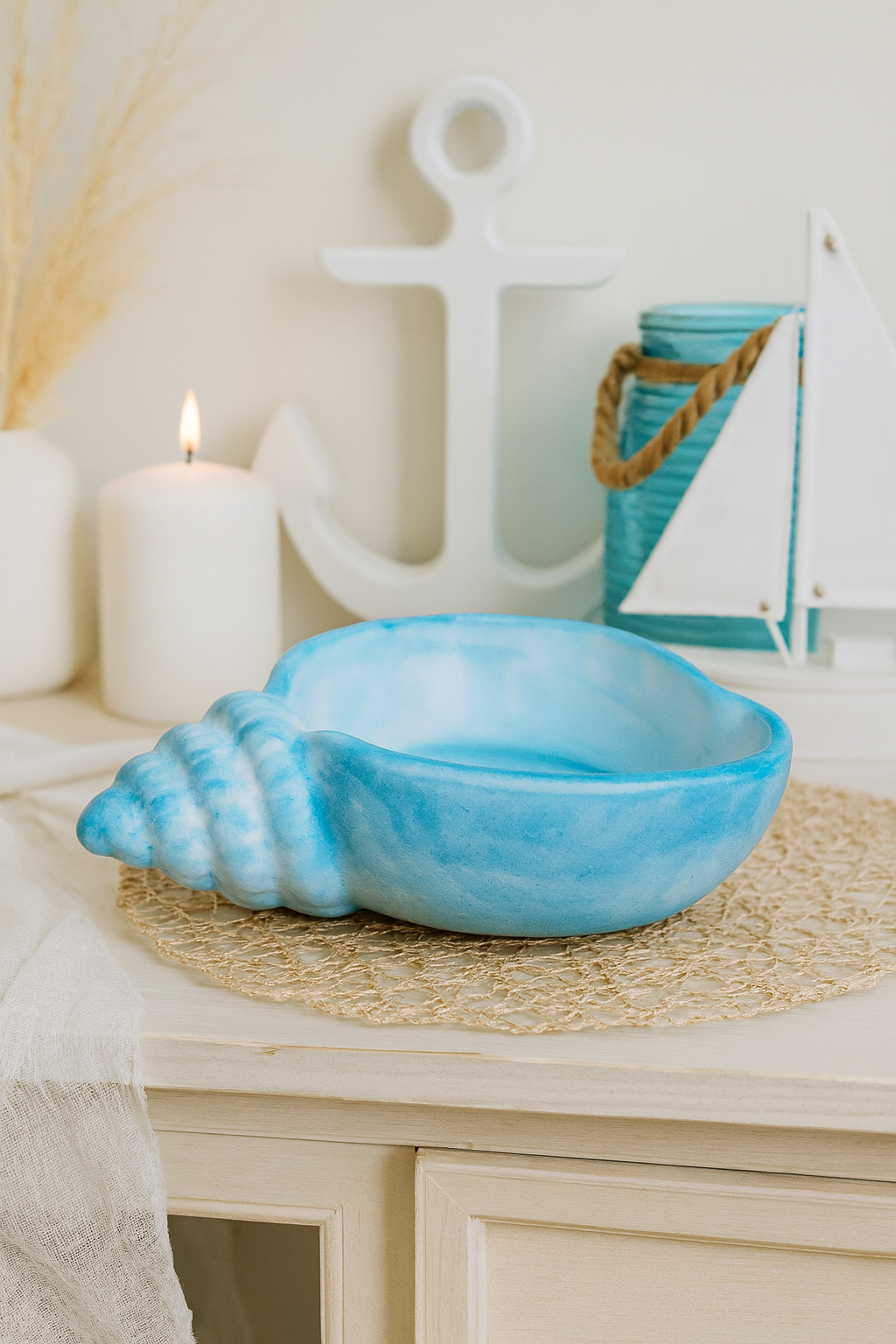 Große Muschelschale Blau-Weiß – Maritime Keramik Deko Einzelstück
