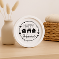 Kleines rundes Deko-Tablett in Weiß mit Happy Home Motiv und Häusern als versiegeltes handgefertigtes Wohnaccessoire