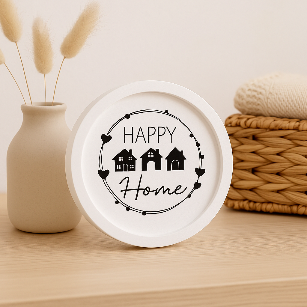 Kleines rundes Deko-Tablett in Weiß mit Happy Home Motiv und Häusern als versiegeltes handgefertigtes Wohnaccessoire